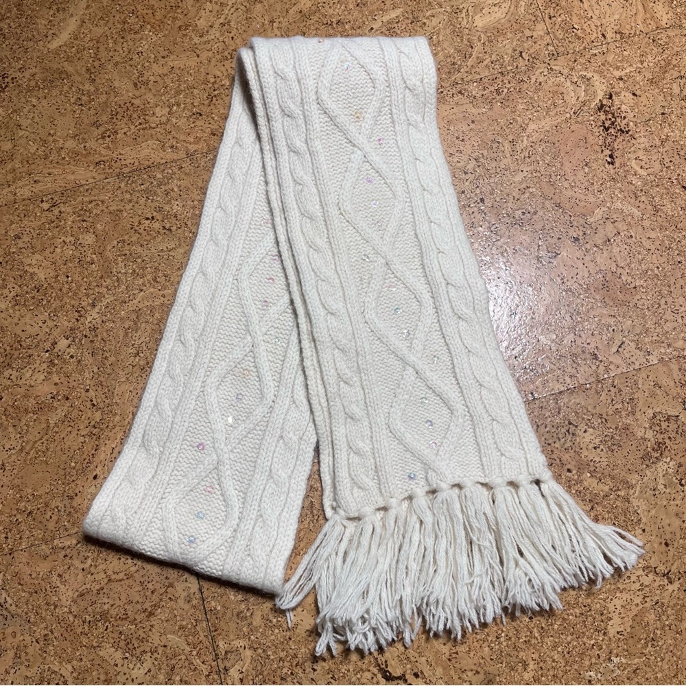Wool & Angora Blend Cable Knit Fringed Scarf In Cream With Sequins Accents